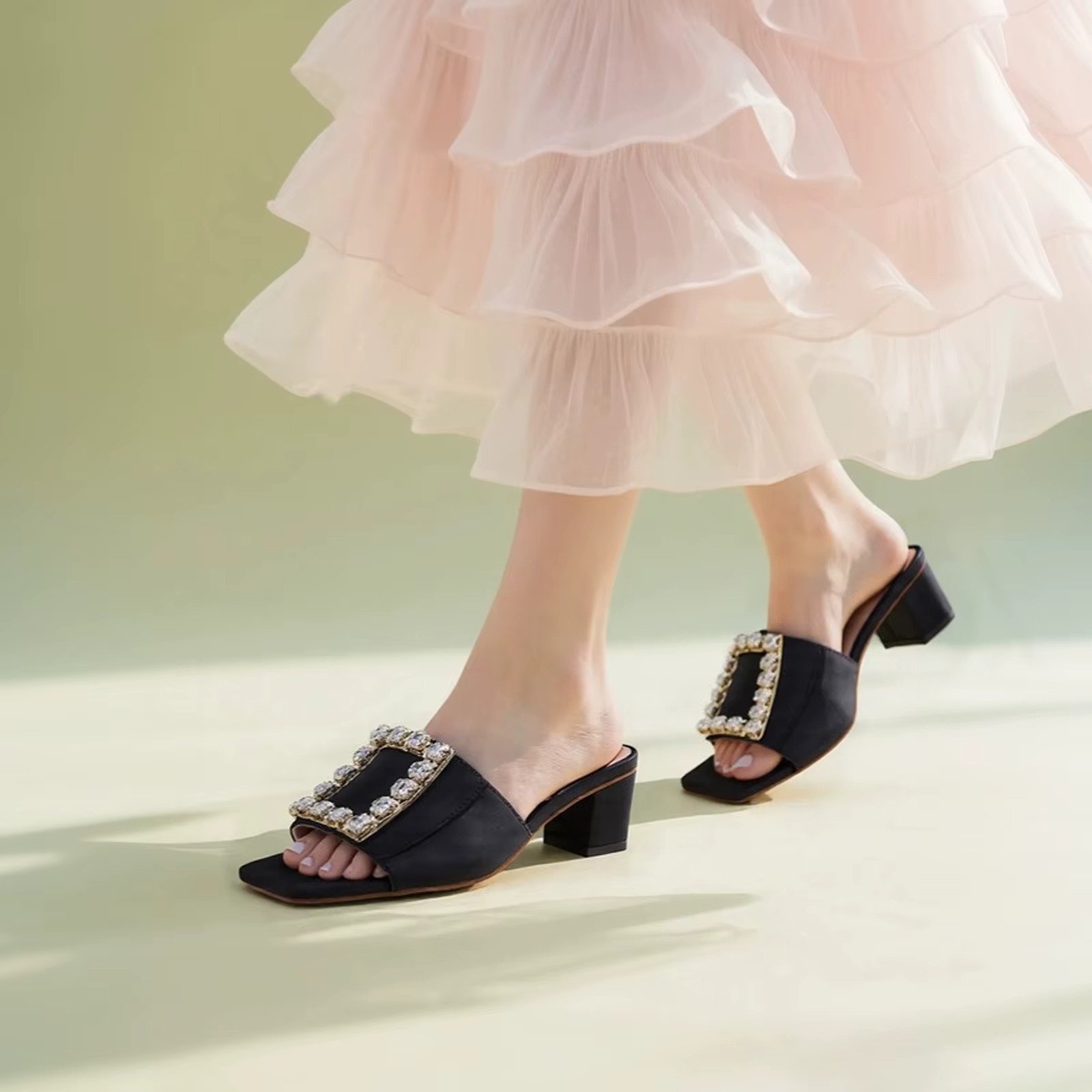 Women's Green High Heel Sandal by GRECCA, Sparkling Rhinestone Square Buckle, Block Heel, Stylish Open -Toe Design for Occasions